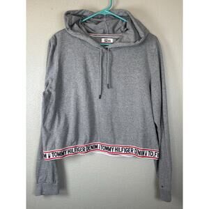 Tommy Hilfiger Cropped Pullover Hoodie Womens Gray L Long Sleeve Spellout Casual